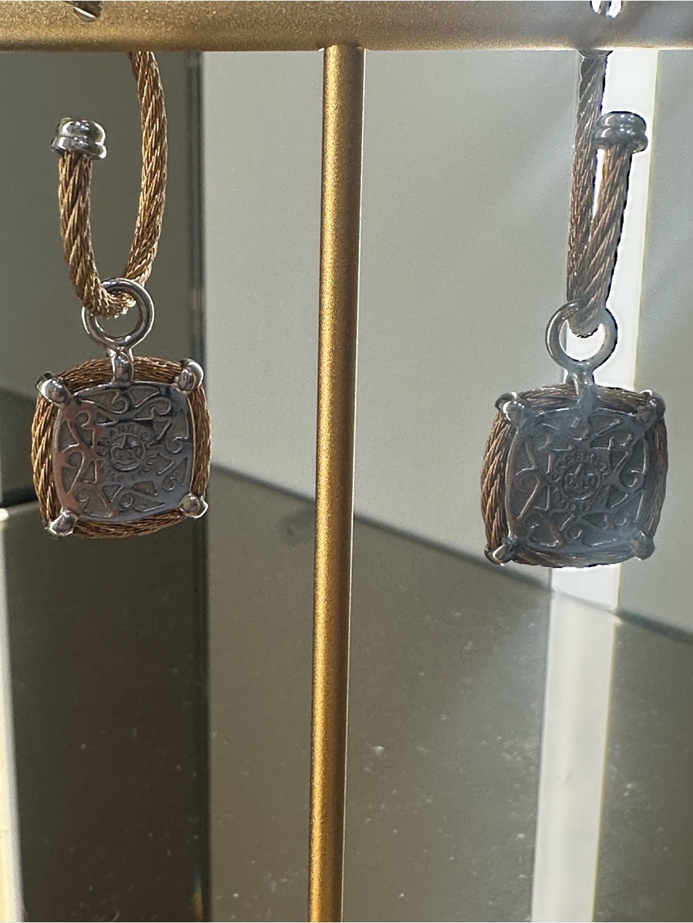 Two-Tone Yellow Gold and Silver Cable Drop Earrings with Pave Accents & Diamonds - Picture 5 of 9